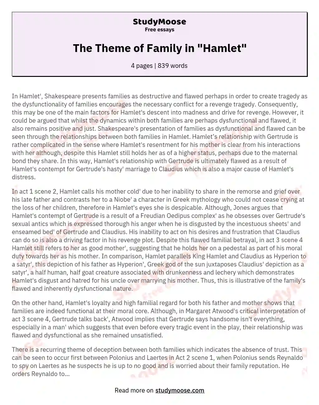 The Theme of Family in "Hamlet" essay