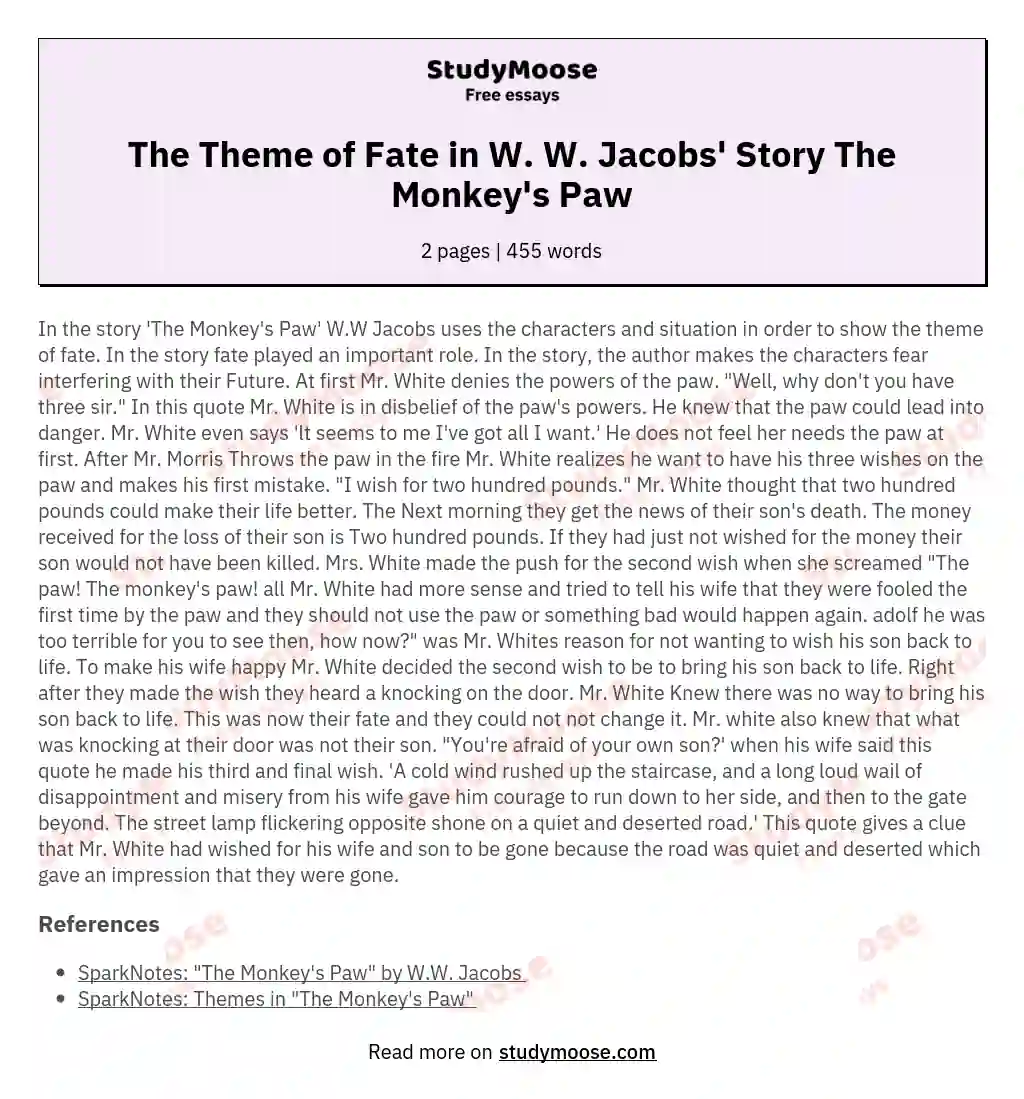 The Theme of Fate in W. W. Jacobs' Story The Monkey's Paw essay