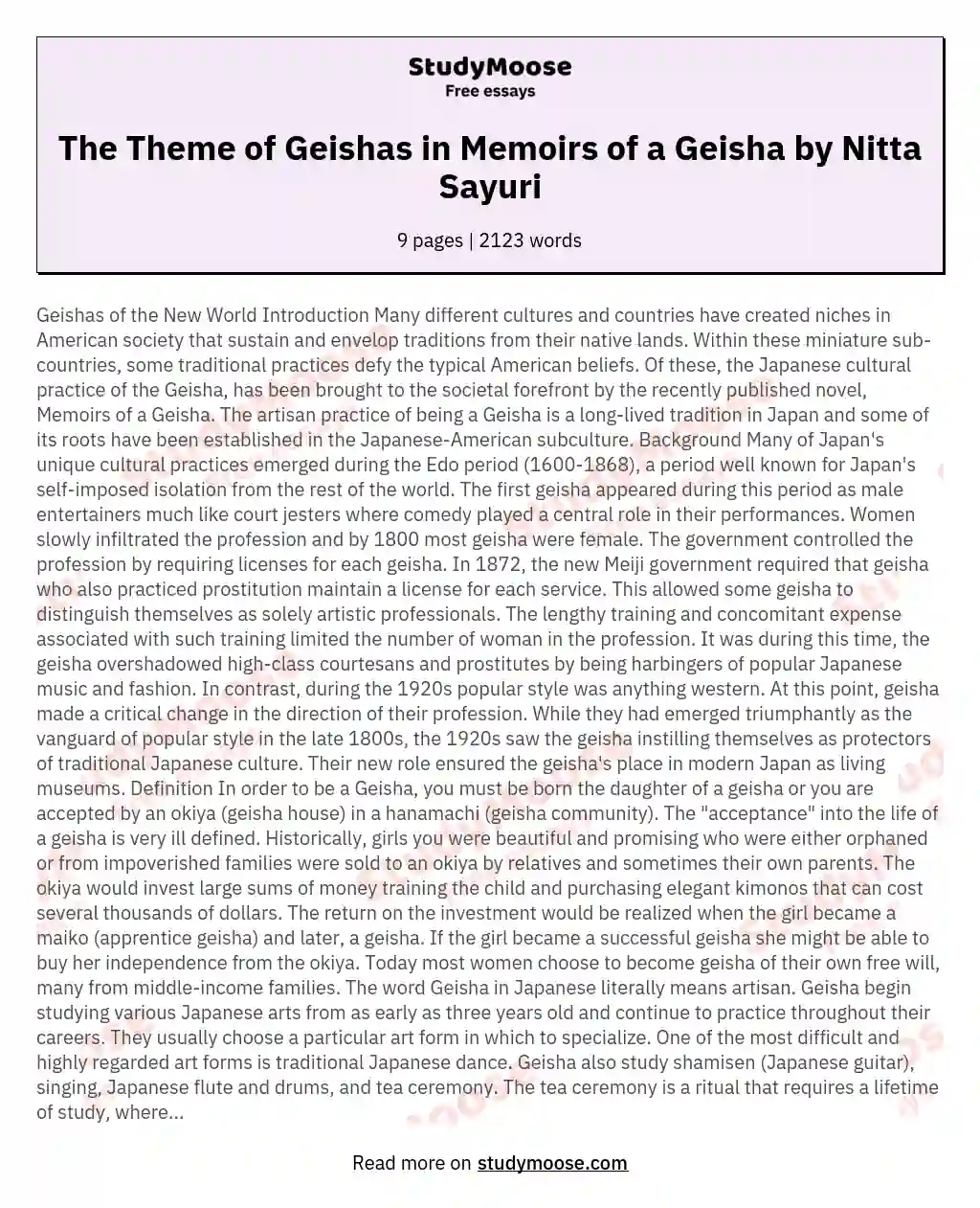 The Theme of Geishas in Memoirs of a Geisha by Nitta Sayuri essay