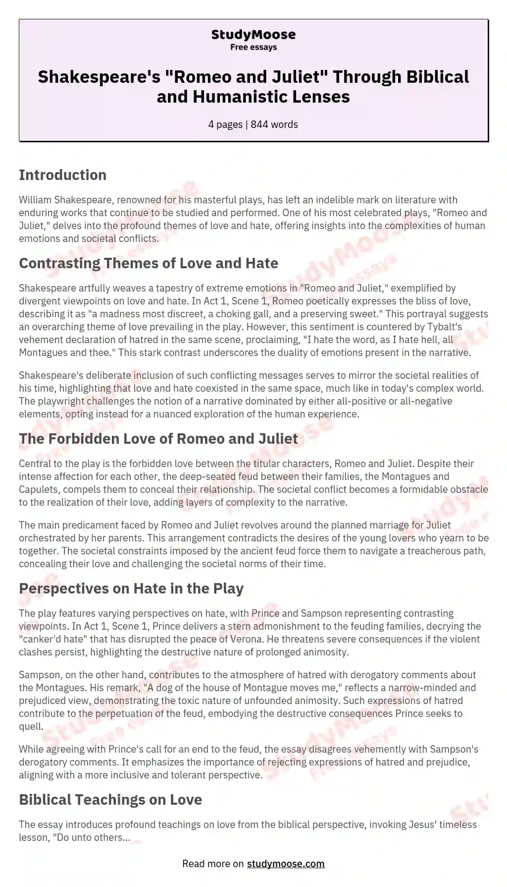 Shakespeare's "Romeo and Juliet" Through Biblical and Humanistic Lenses essay