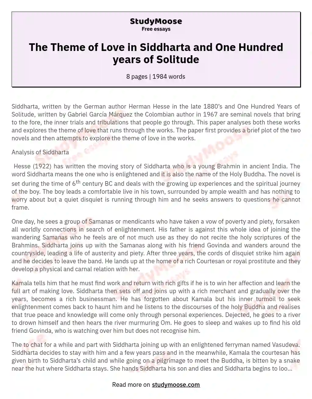The Theme of Love in Siddharta and One Hundred years of Solitude
