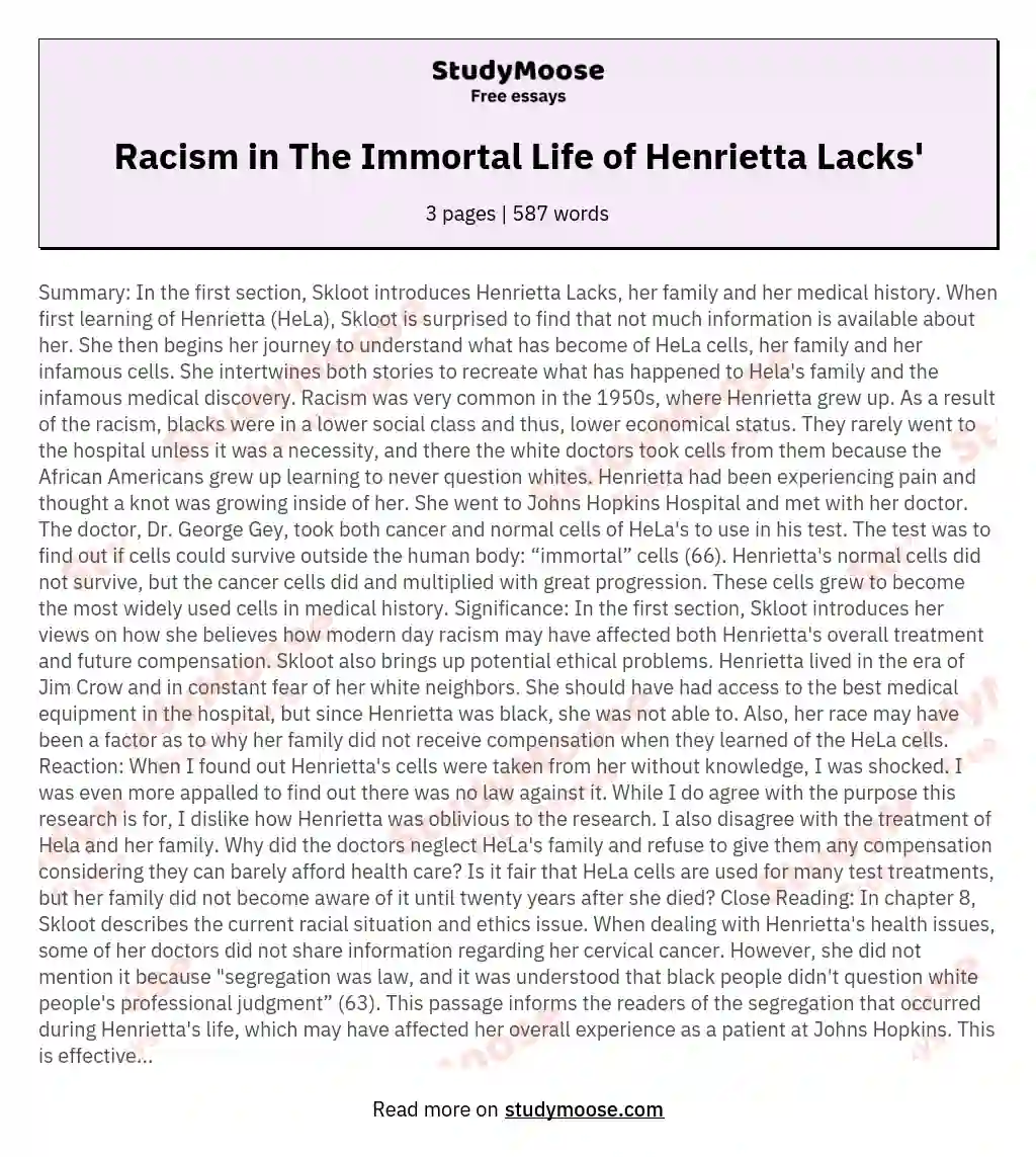 Racism in The Immortal Life of Henrietta Lacks' essay