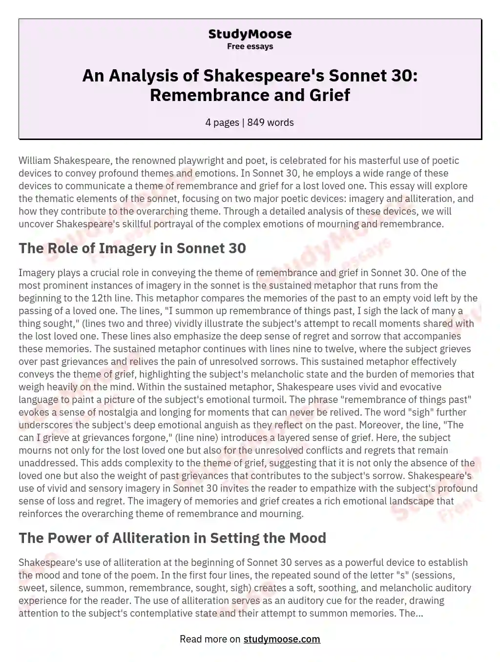 An Analysis of Shakespeare's Sonnet 30: Remembrance and Grief essay
