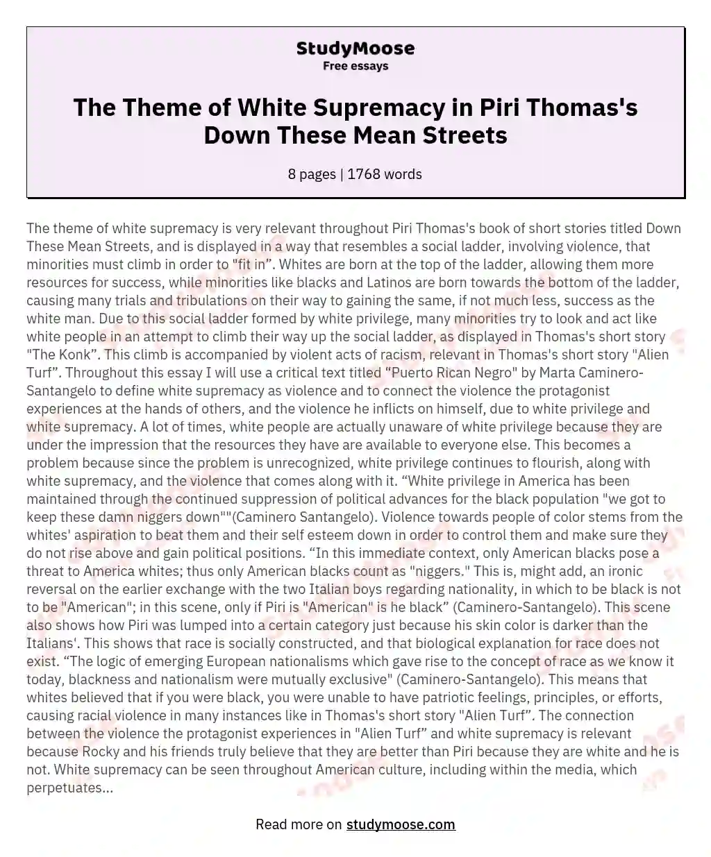 The Theme of White Supremacy in Piri Thomas's Down These Mean Streets essay