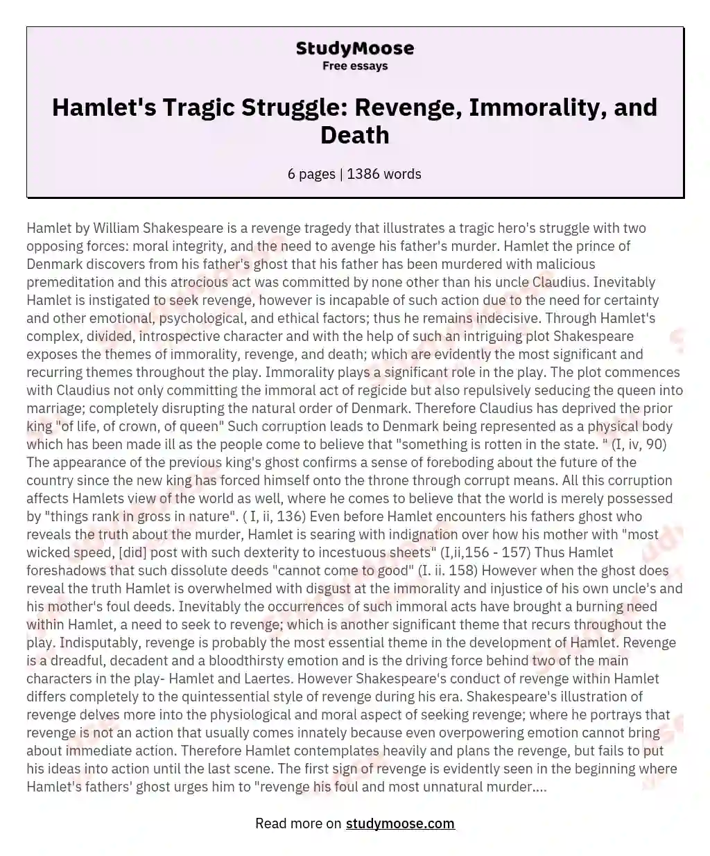 Hamlet's Tragic Struggle: Revenge, Immorality, and Death essay