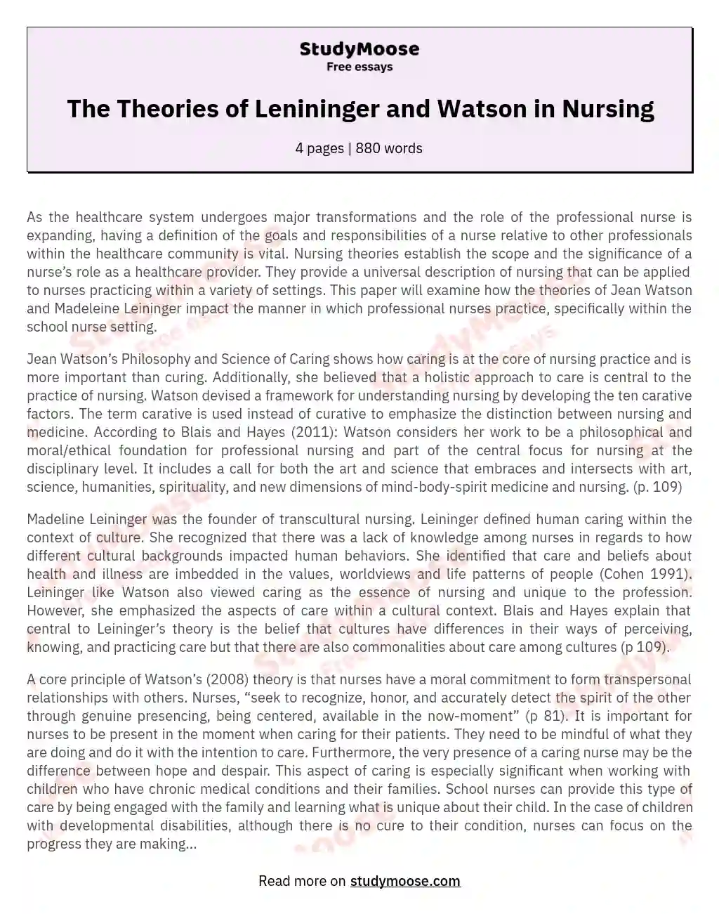 The Theories of Lenininger and Watson in Nursing essay