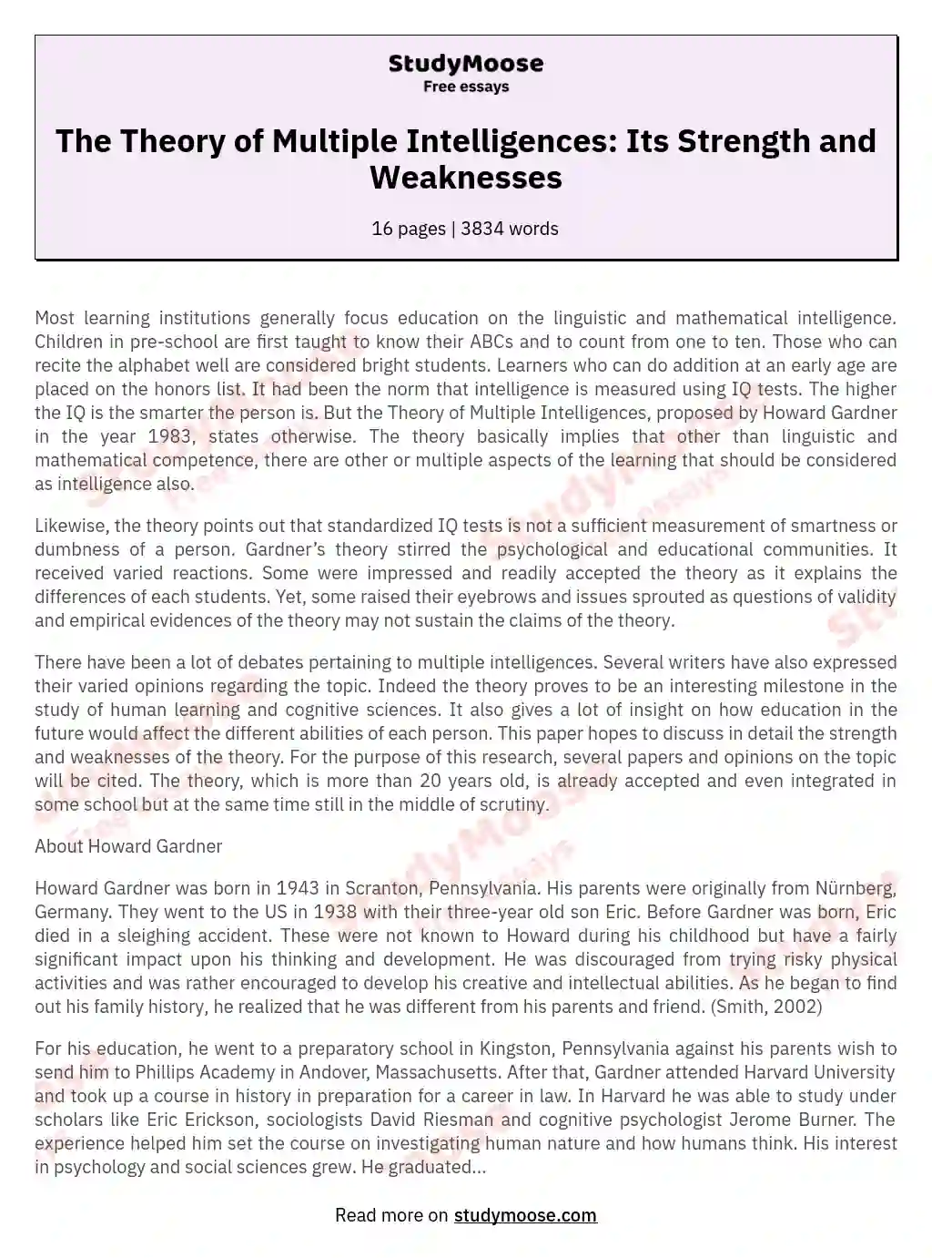 The Theory of Multiple Intelligences: Its Strength and Weaknesses essay