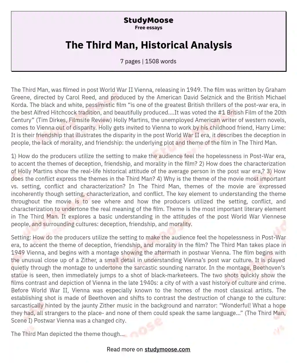 The Third Man, Historical Analysis essay