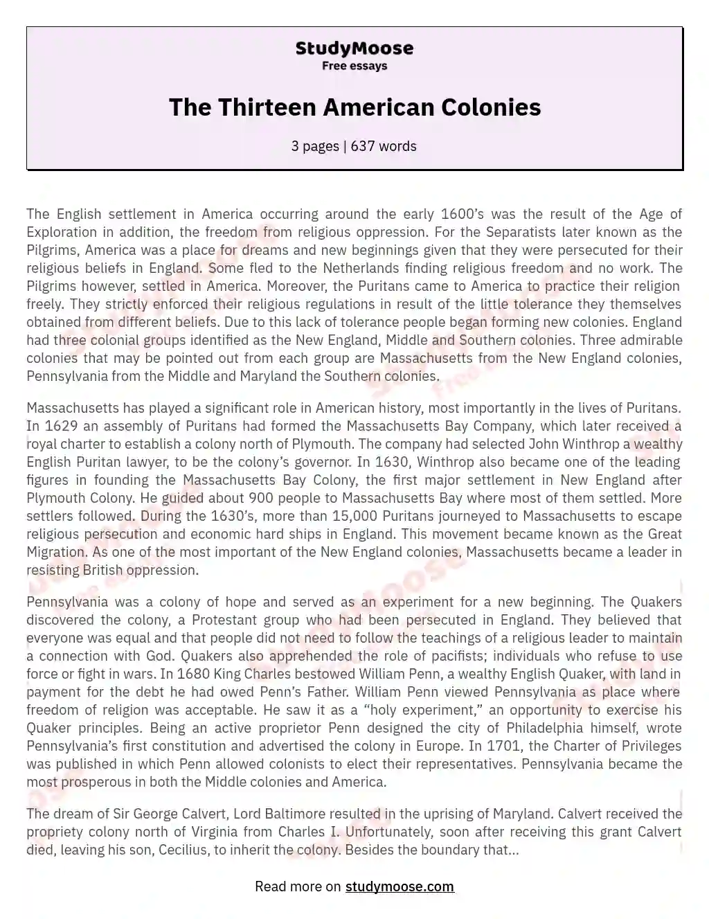 The Thirteen American Colonies essay