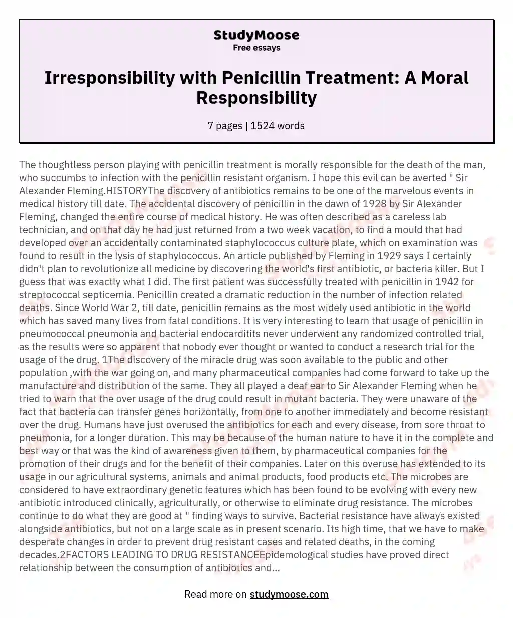Irresponsibility with Penicillin Treatment: A Moral Responsibility essay