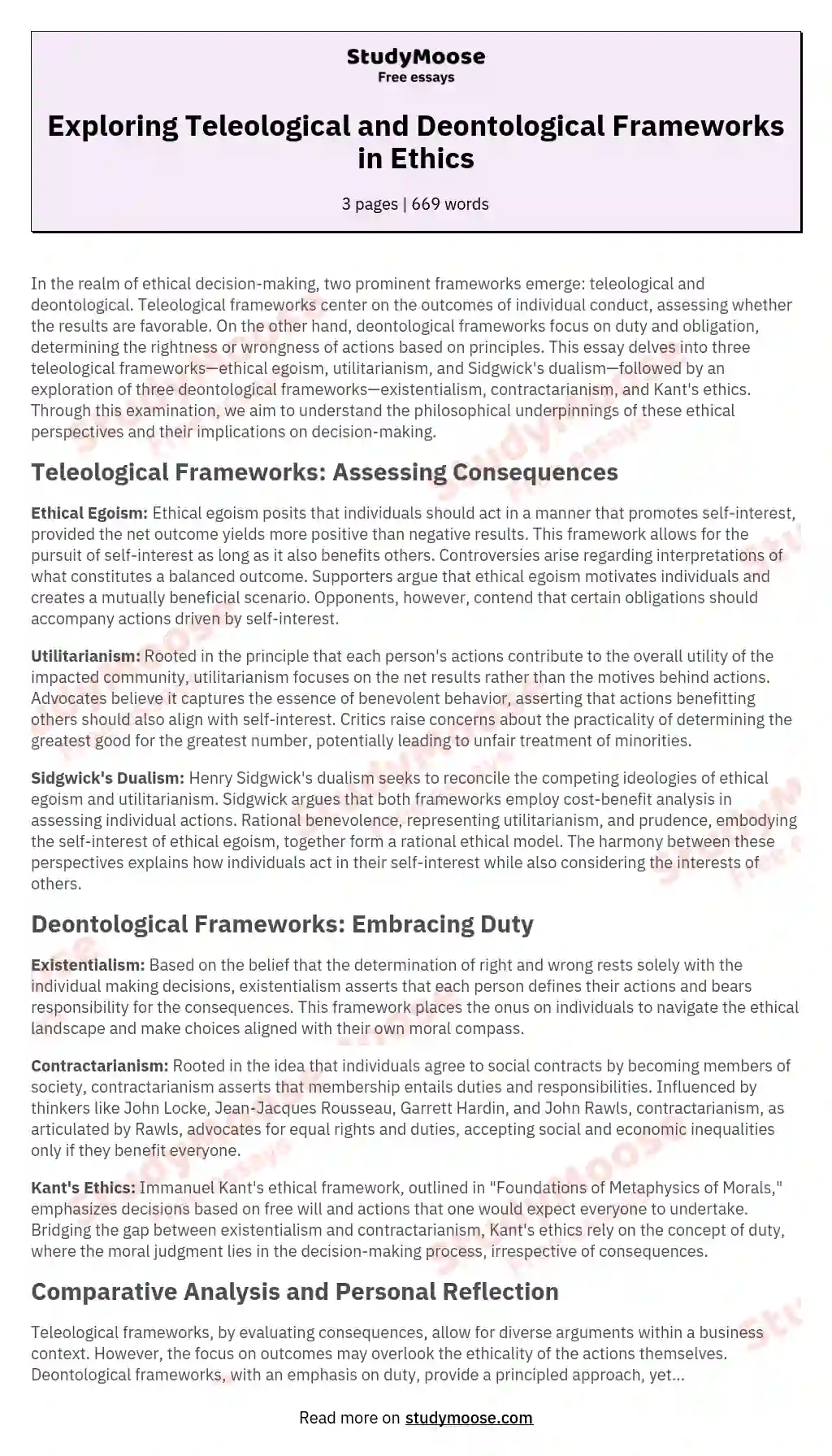 The Three Teleological Frameworks and Deontological Frameworks
