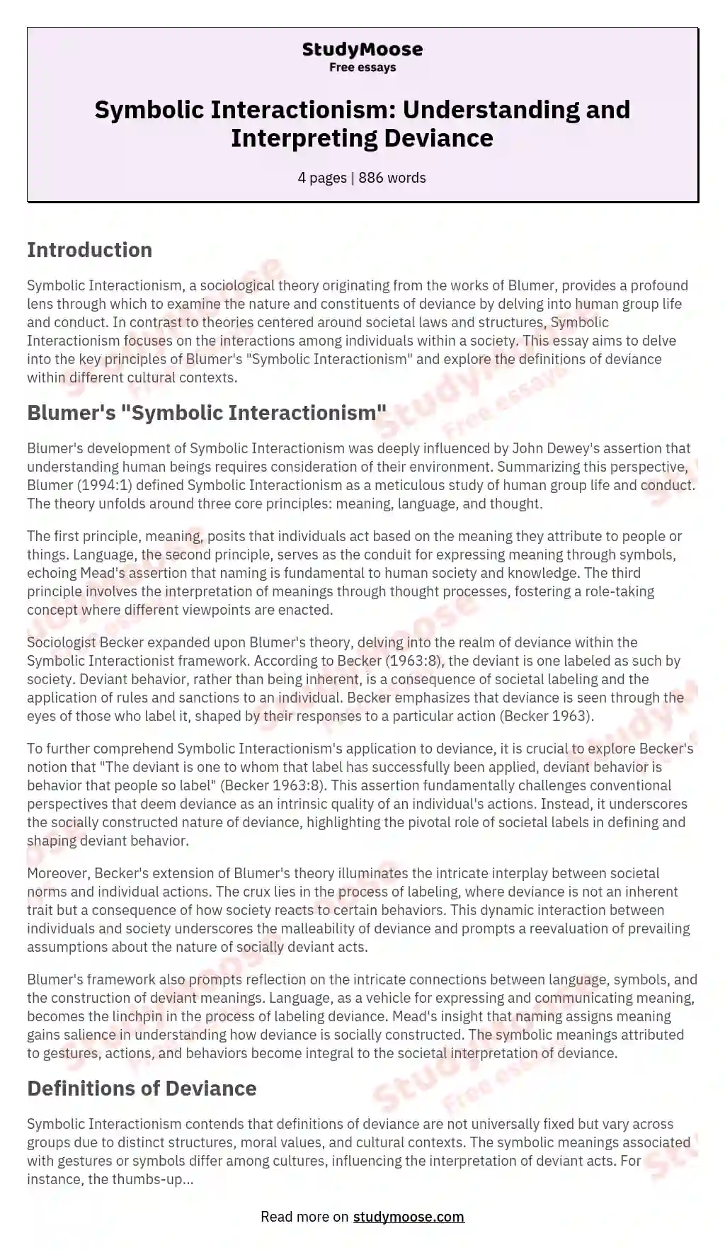 Symbolic Interactionism: Understanding and Interpreting Deviance essay