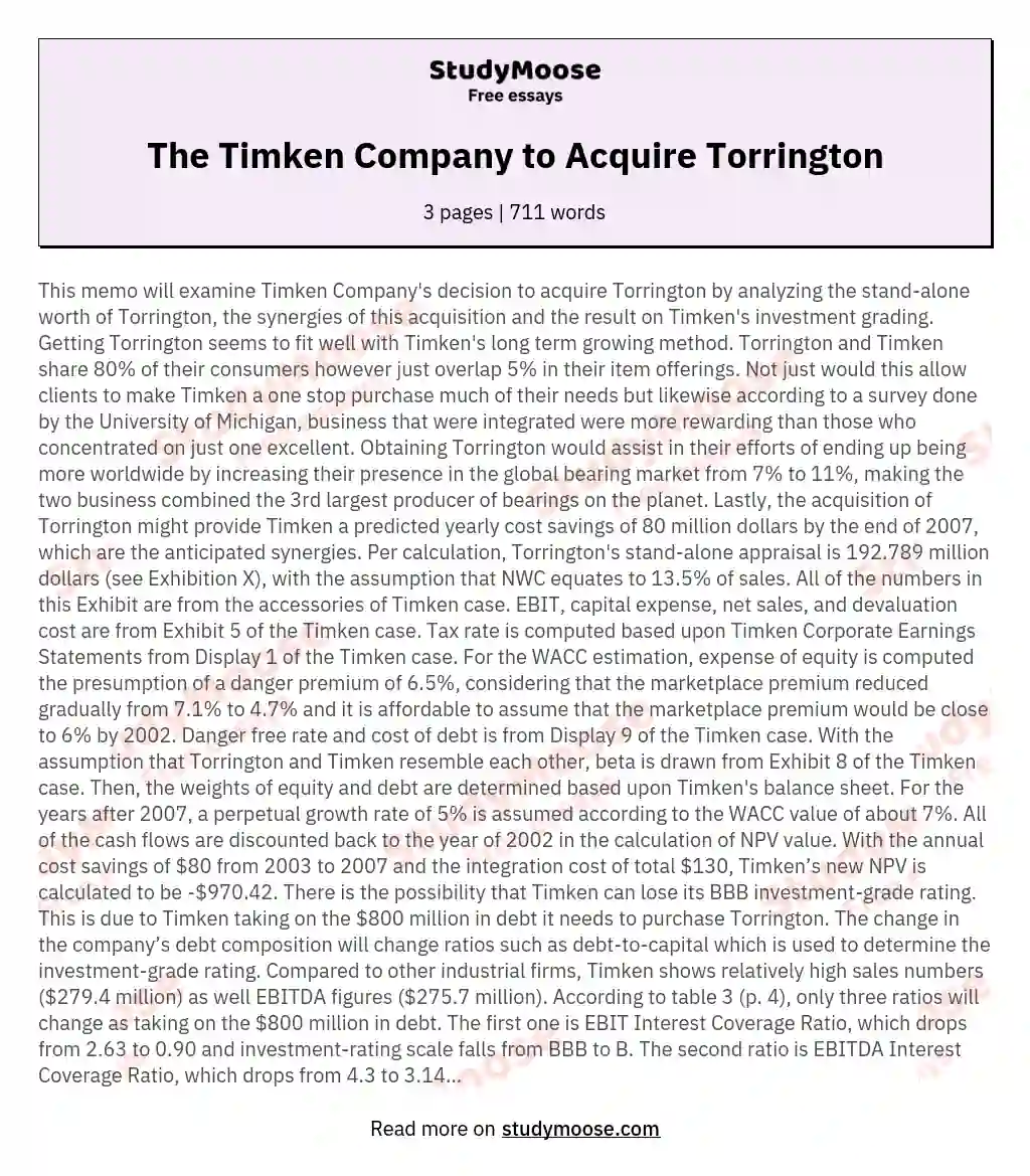 The Timken Company to Acquire Torrington essay