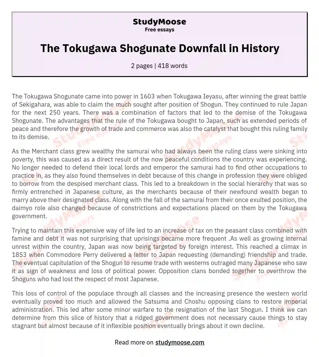 The Tokugawa Shogunate Downfall in History essay