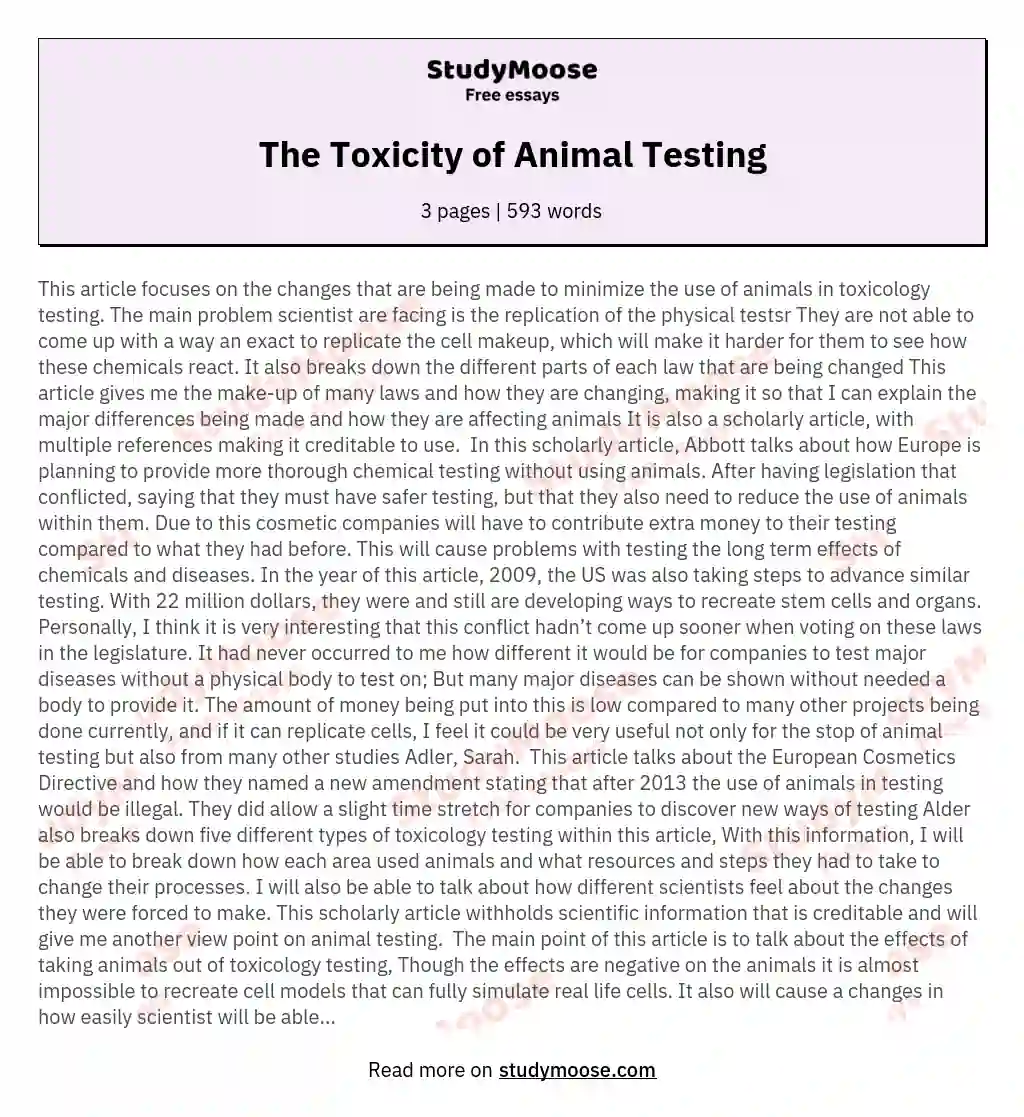 The Toxicity of Animal Testing essay