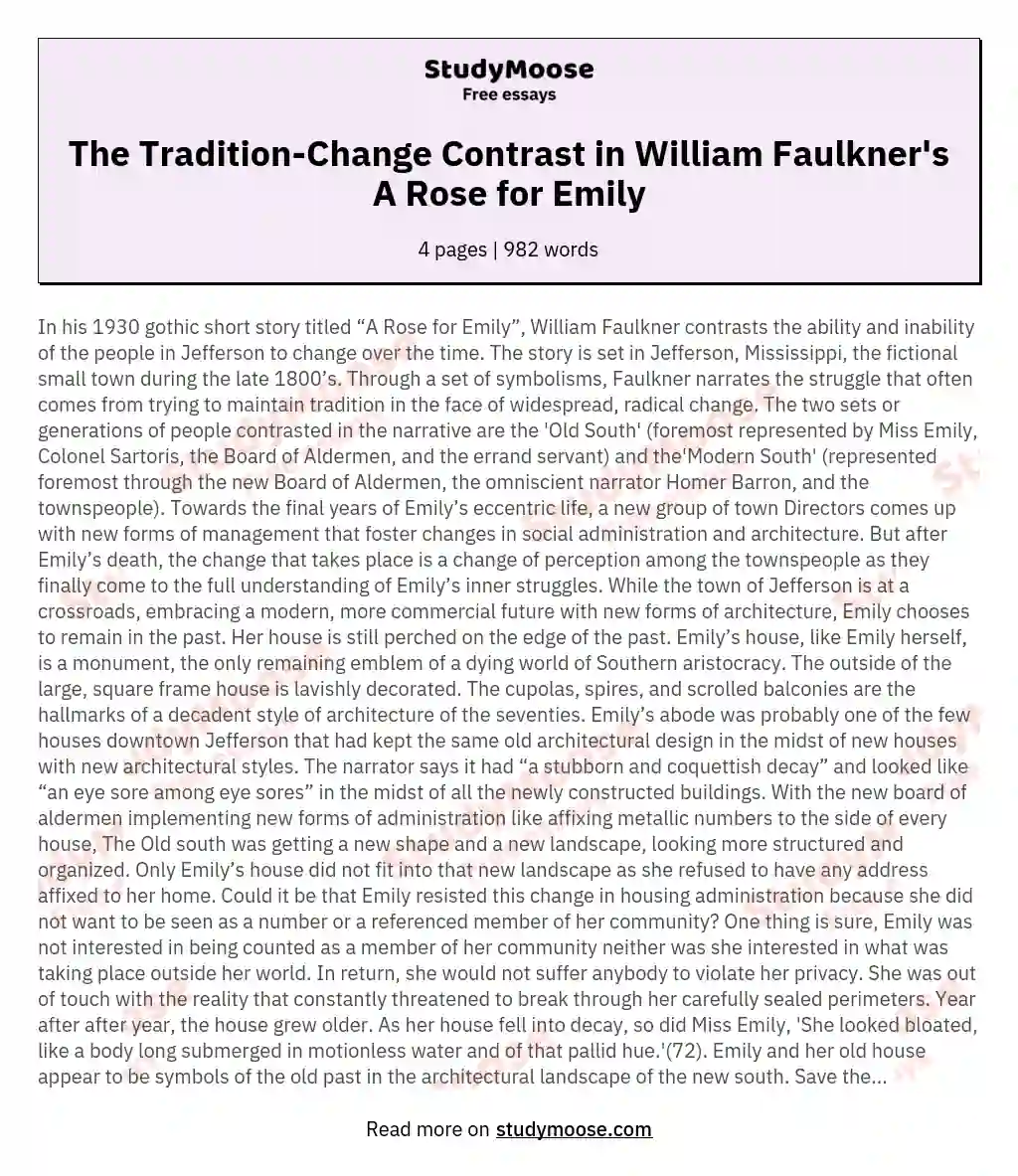 The Tradition-Change Contrast in William Faulkner's A Rose for Emily essay