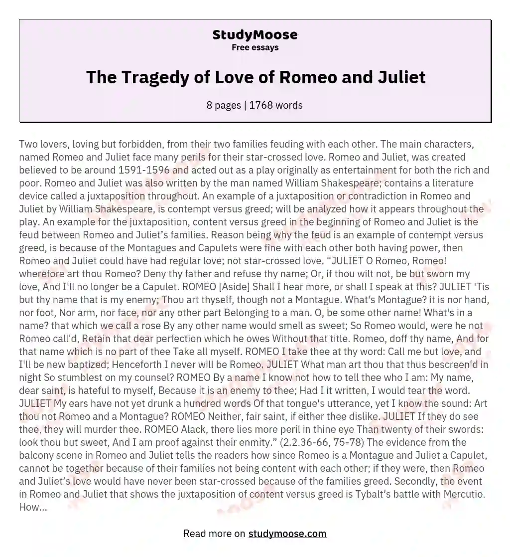 The Tragedy of Love of Romeo and Juliet essay