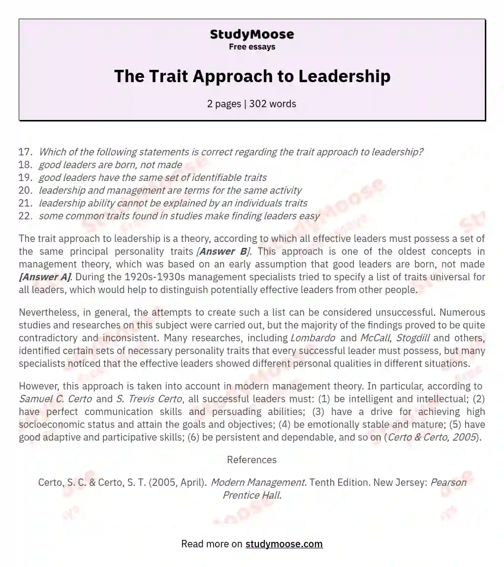 The Trait Approach to Leadership essay