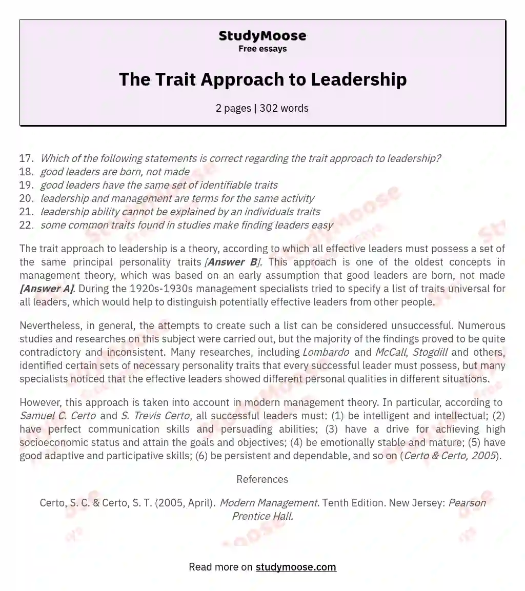 trait theory of leadership essay