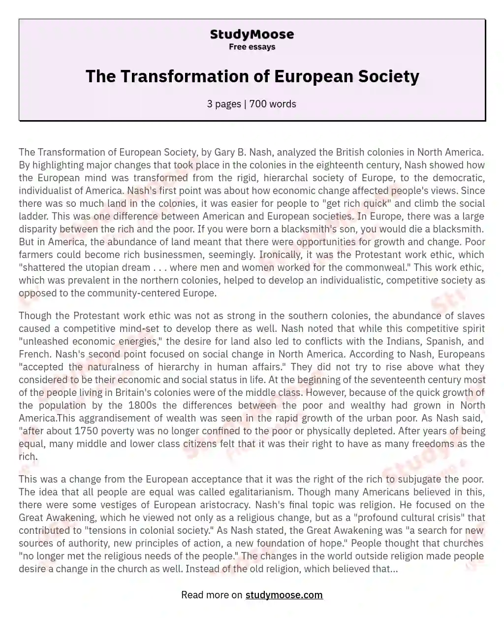 The Transformation of European Society essay