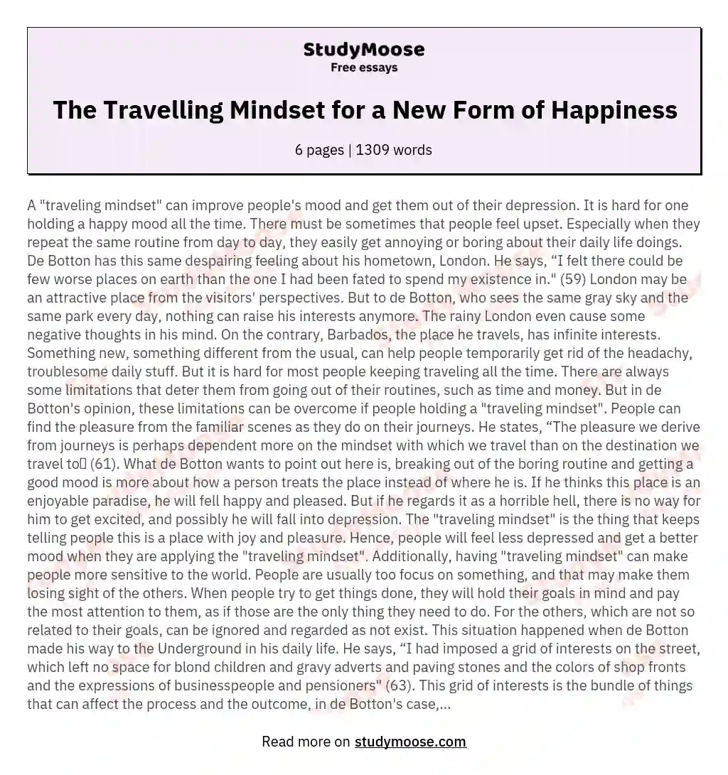 The Travelling Mindset for a New Form of Happiness essay