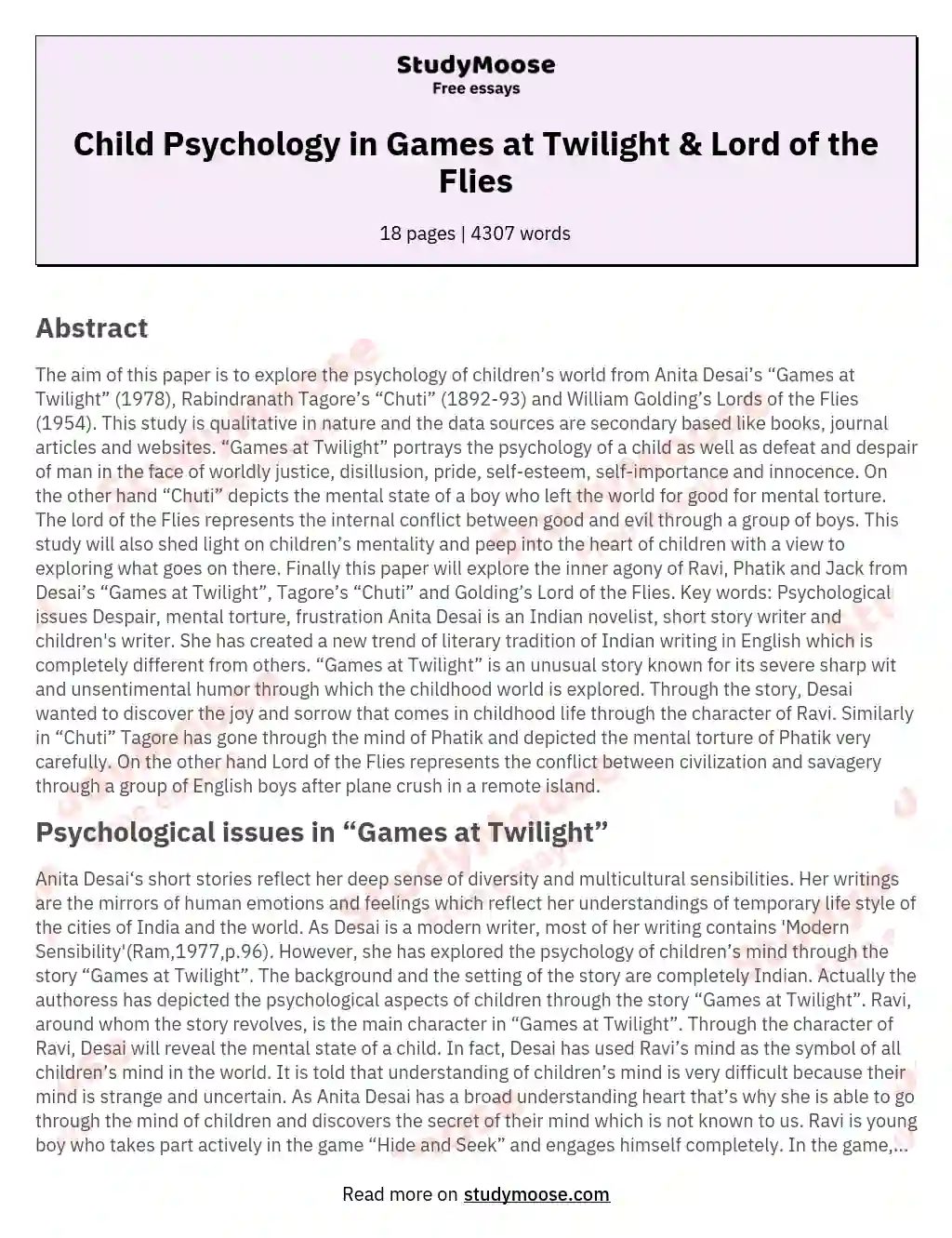 The Treatment of Child Psychology in “Games at Twilight”, “Chuti” and "Lord of the Flies"