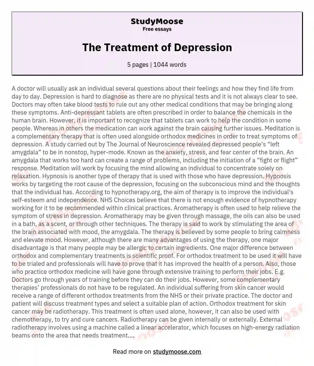 The Treatment of Depression essay