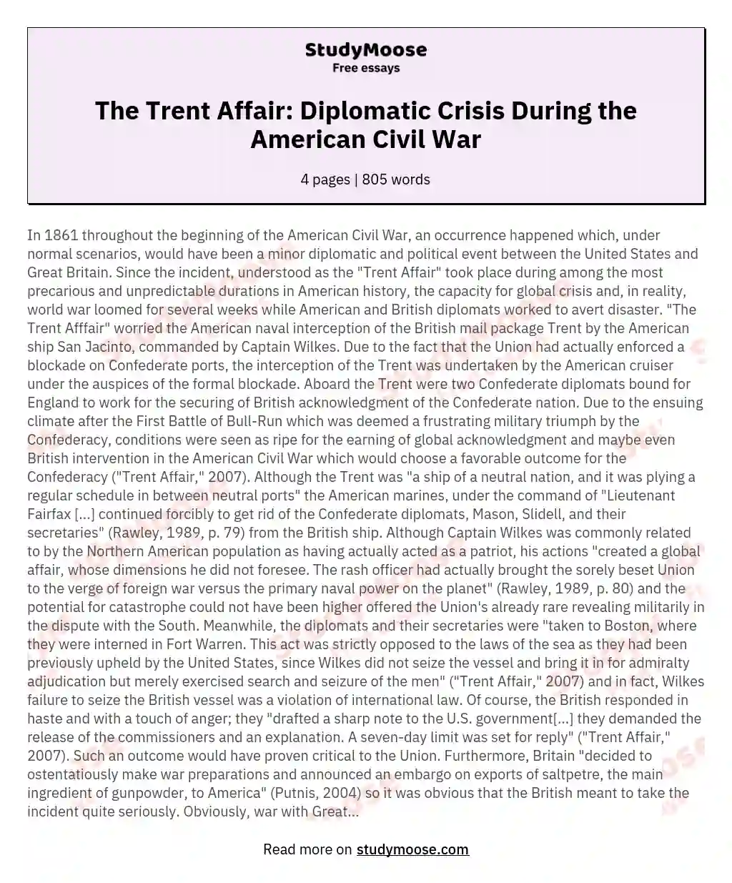 The Trent Affair: Diplomatic Crisis During the American Civil War essay