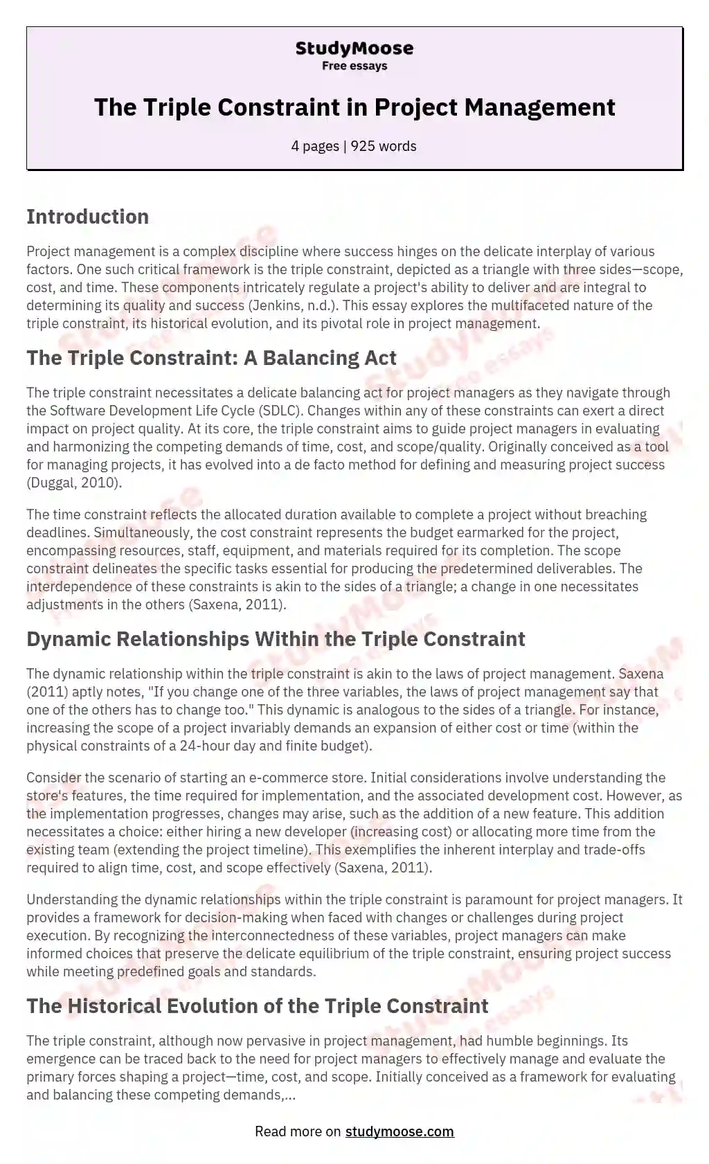 The Triple Constraint in Project Management essay