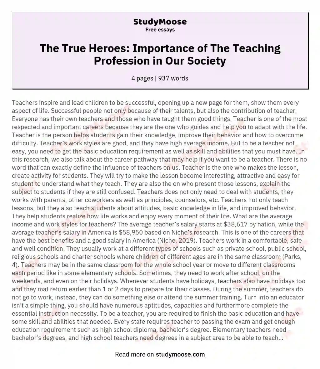 The True Heroes: Importance of The Teaching Profession in Our Society essay