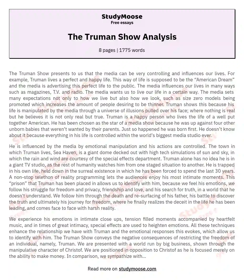 The Truman Show Analysis essay