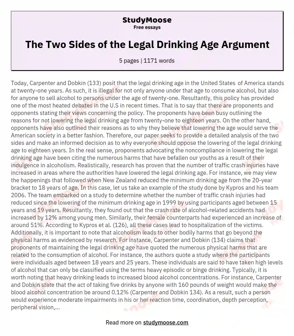 The Two Sides of the Legal Drinking Age Argument essay