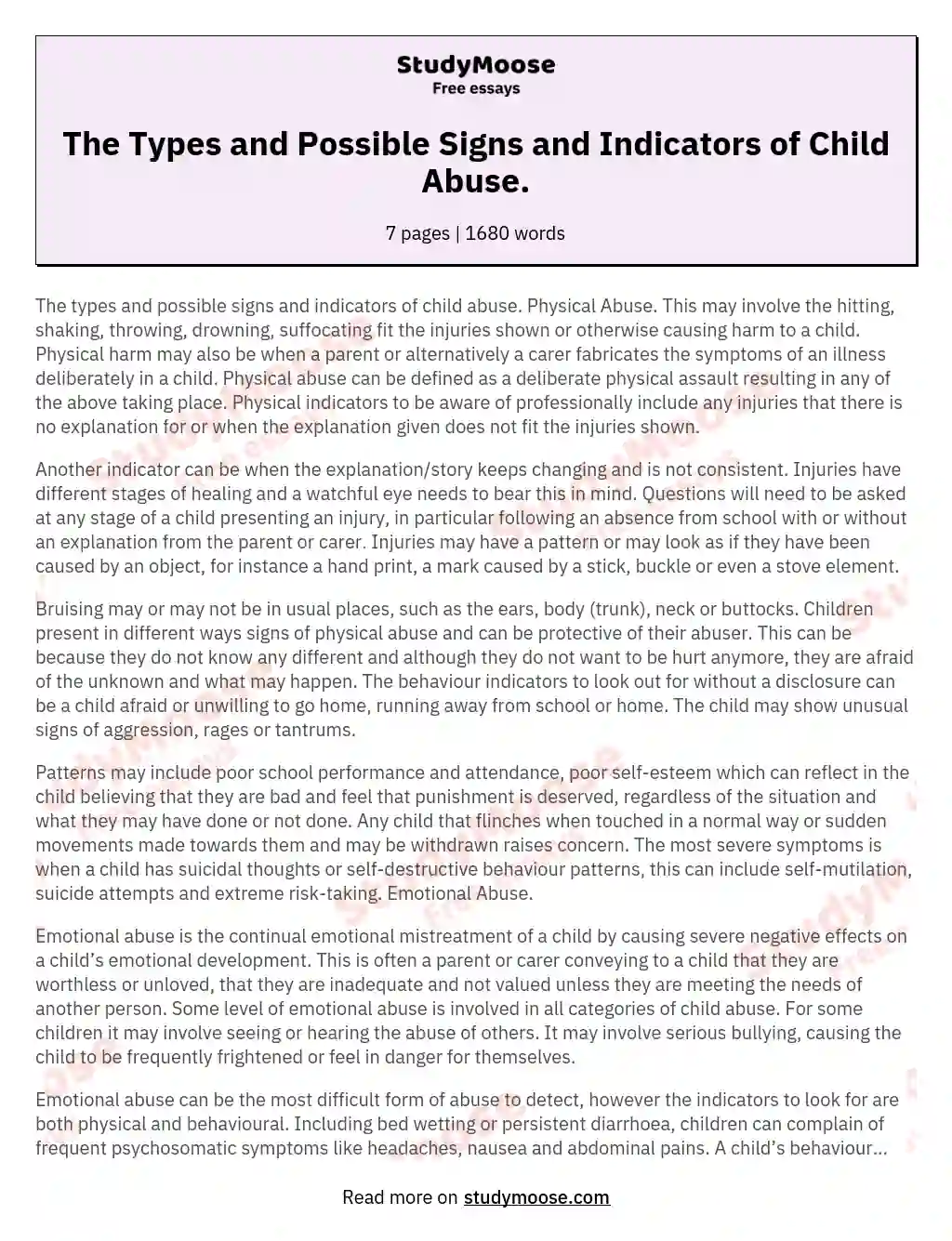The Types and Possible Signs and Indicators of Child Abuse. essay