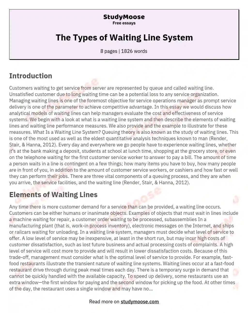 The Types of Waiting Line System essay