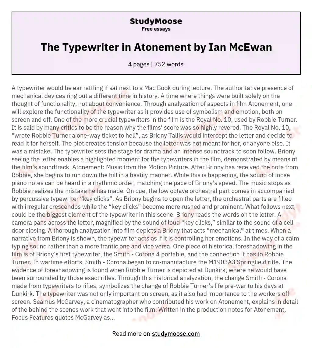 The Typewriter in Atonement by Ian McEwan essay