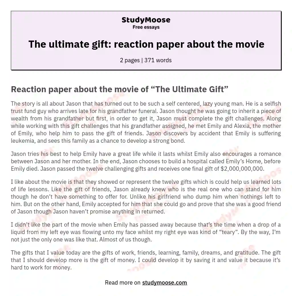 The ultimate gift: reaction paper about the movie essay