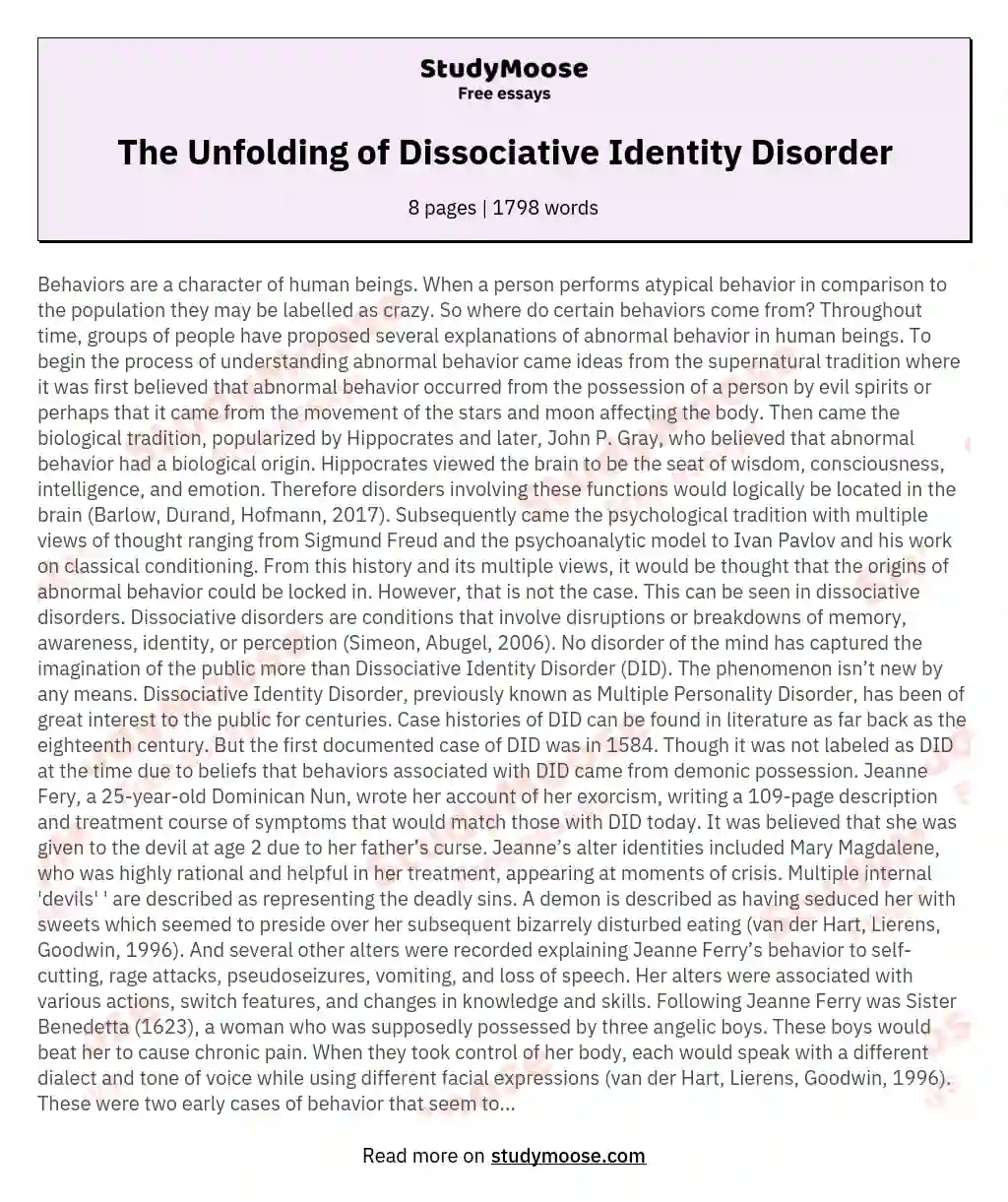 The Unfolding of Dissociative Identity Disorder essay