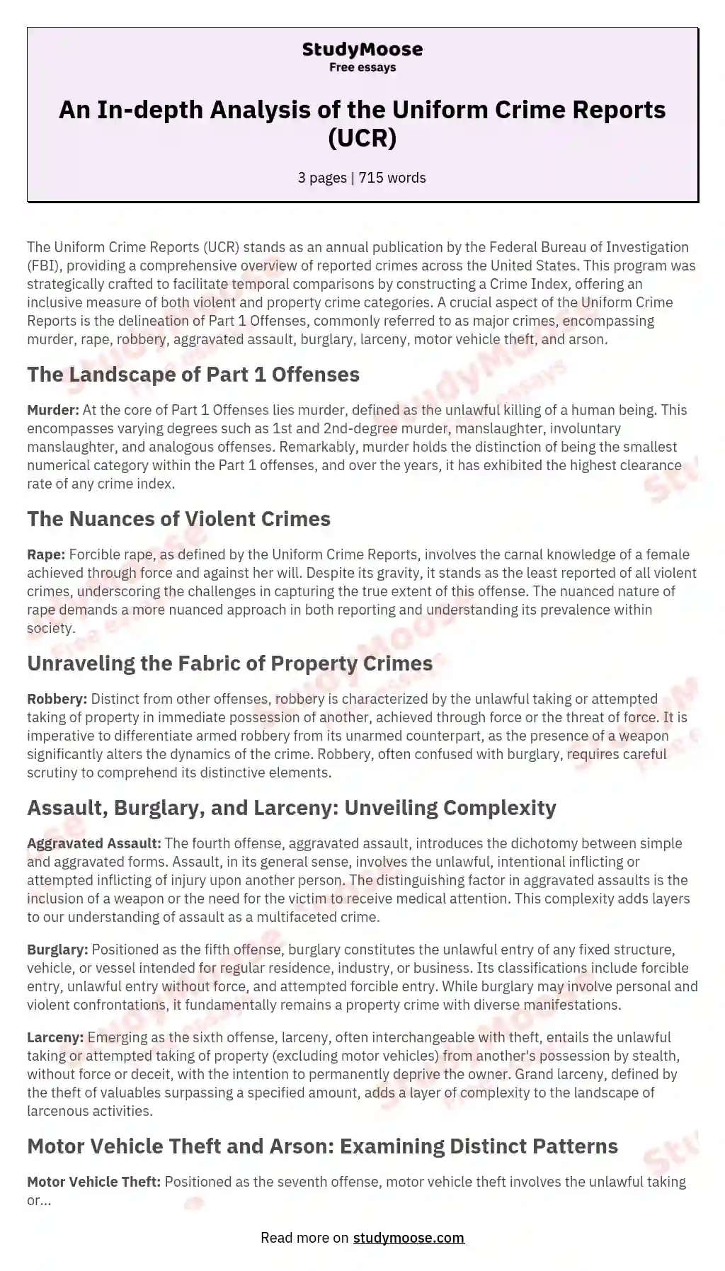 An In-depth Analysis of the Uniform Crime Reports (UCR) essay