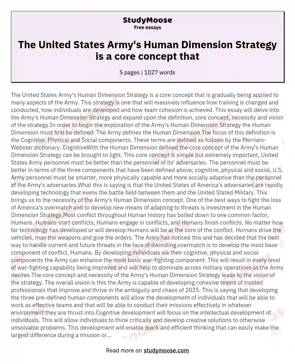 The United States Army's Human Dimension Strategy is a core concept that
