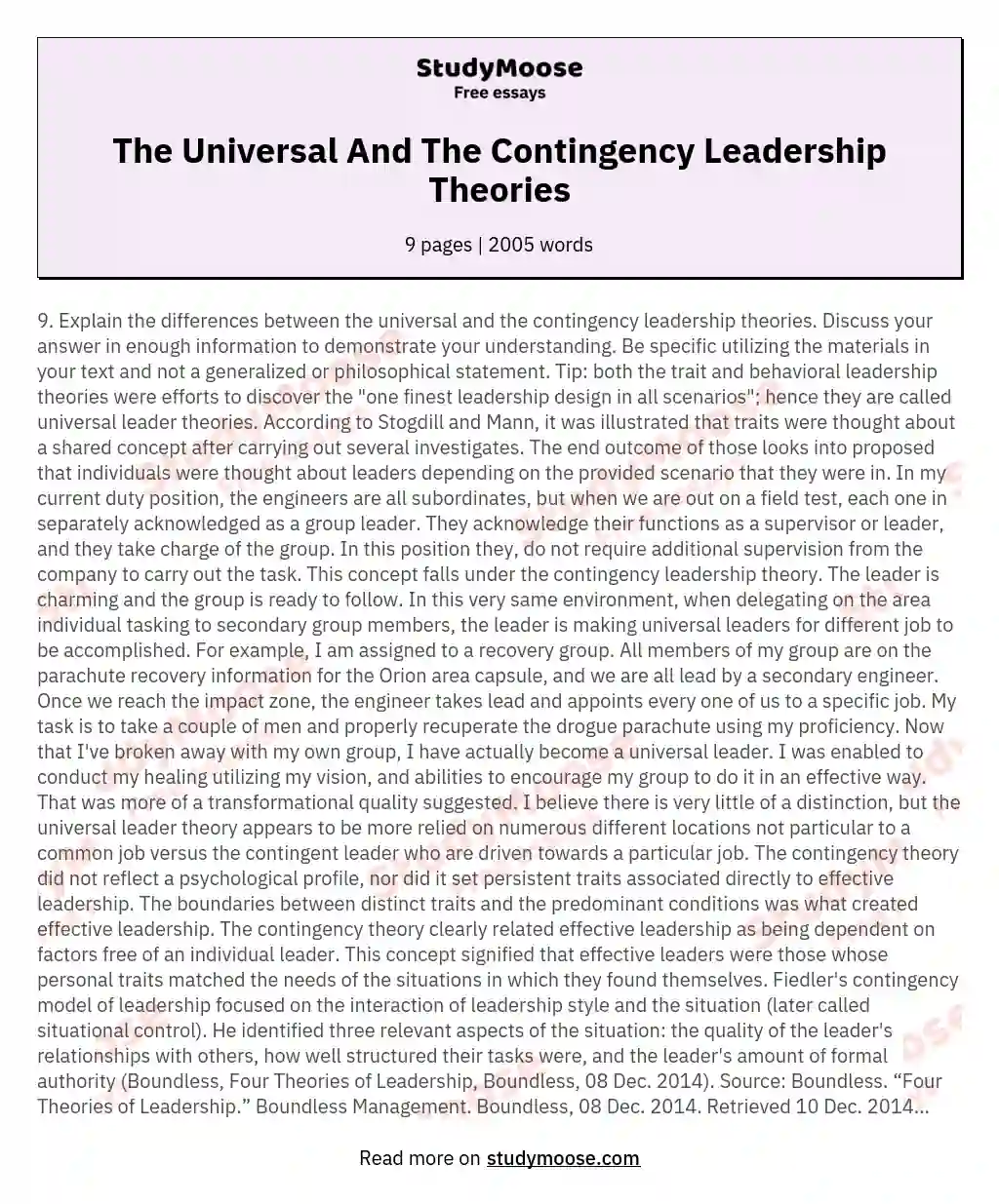 The Universal And The Contingency Leadership Theories essay