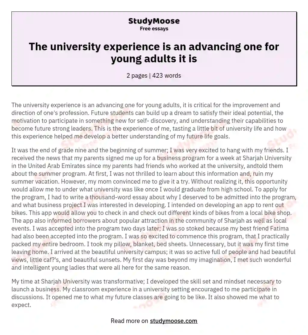 The university experience is an advancing one for young adults it is essay