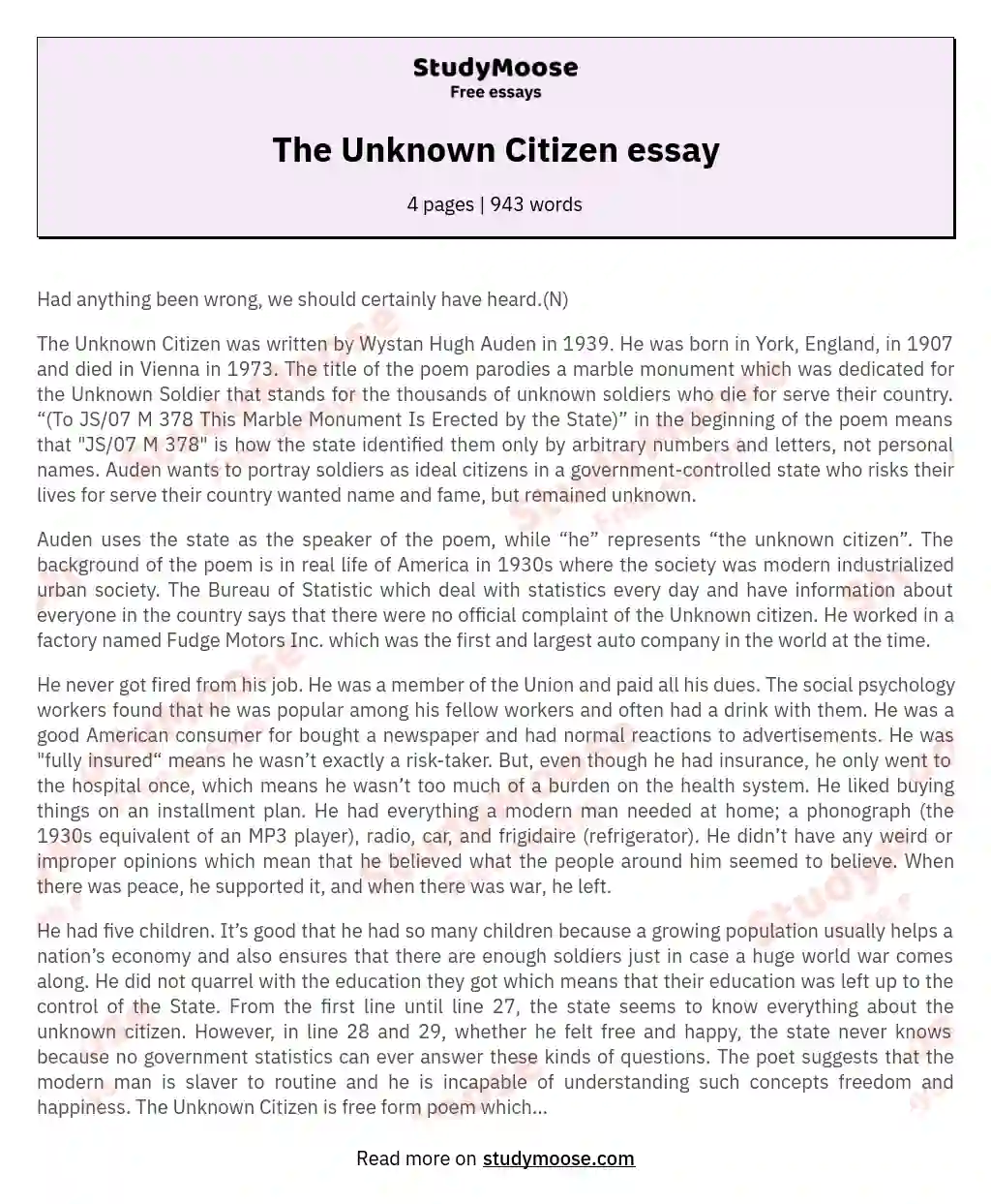The Unknown Citizen essay essay