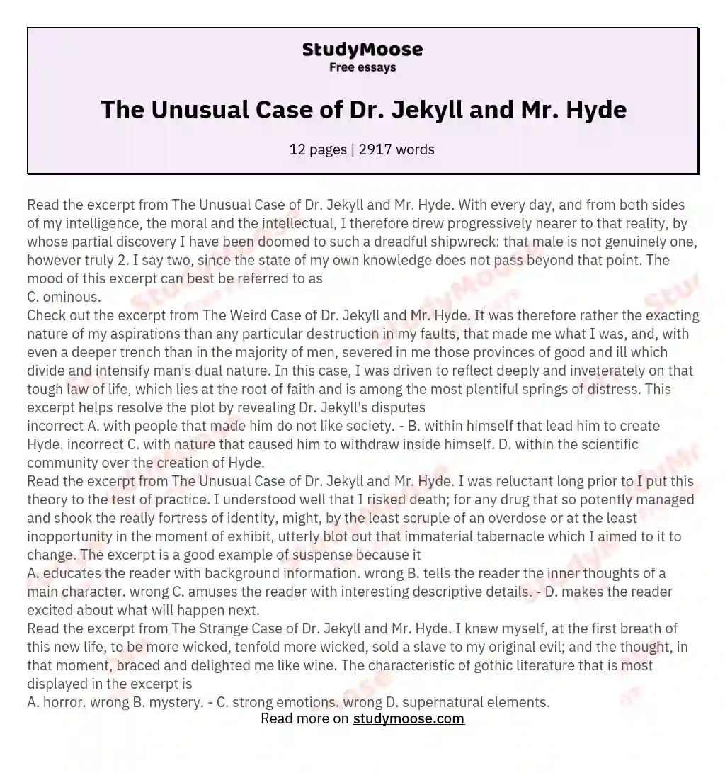 essay questions for the strange case of dr jekyll and mr hyde