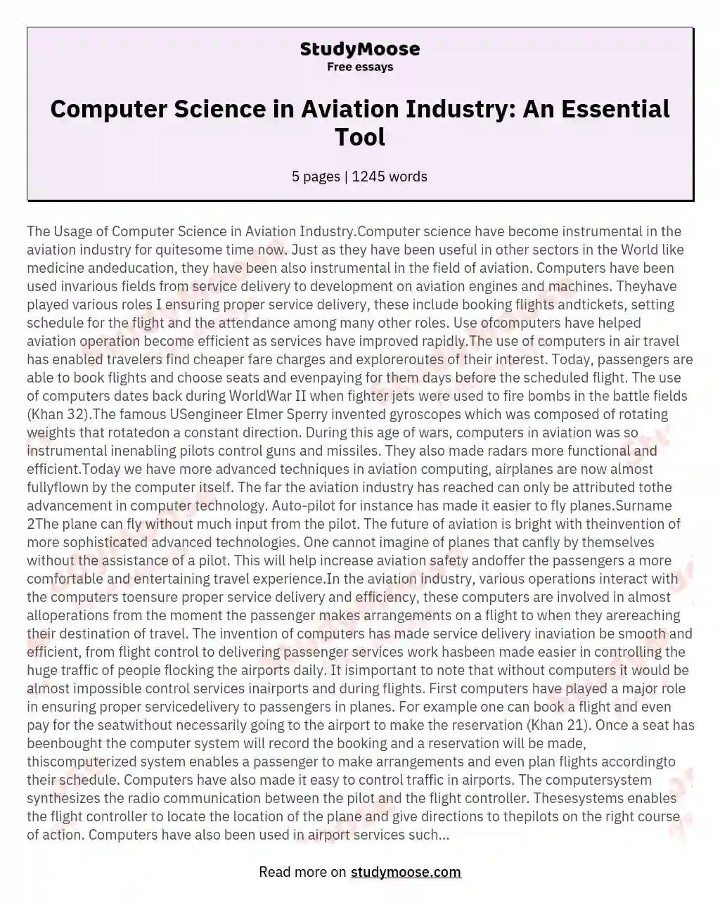 Computer Science in Aviation Industry: An Essential Tool essay