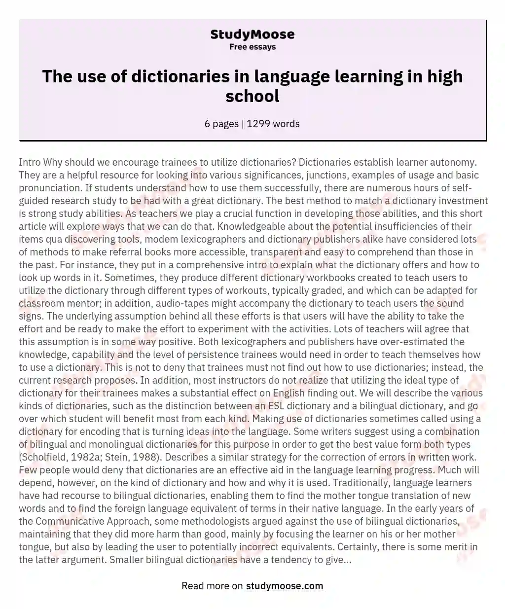 The use of dictionaries in language learning in high school essay