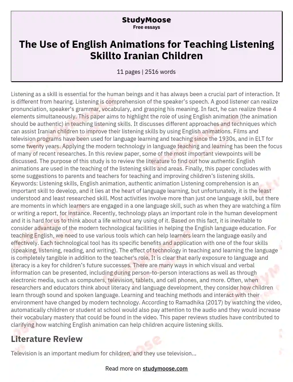 The Use of English Animations for Teaching Listening Skillto Iranian Children essay