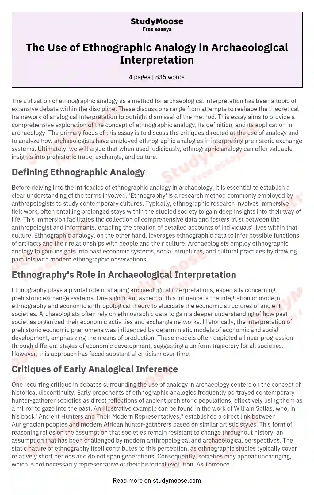 The Use of Ethnographic Analogy in Archaeological Interpretation essay