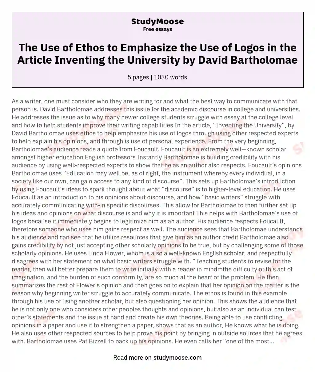 The Use of Ethos to Emphasize the Use of Logos in the Article Inventing the University by David Bartholomae essay