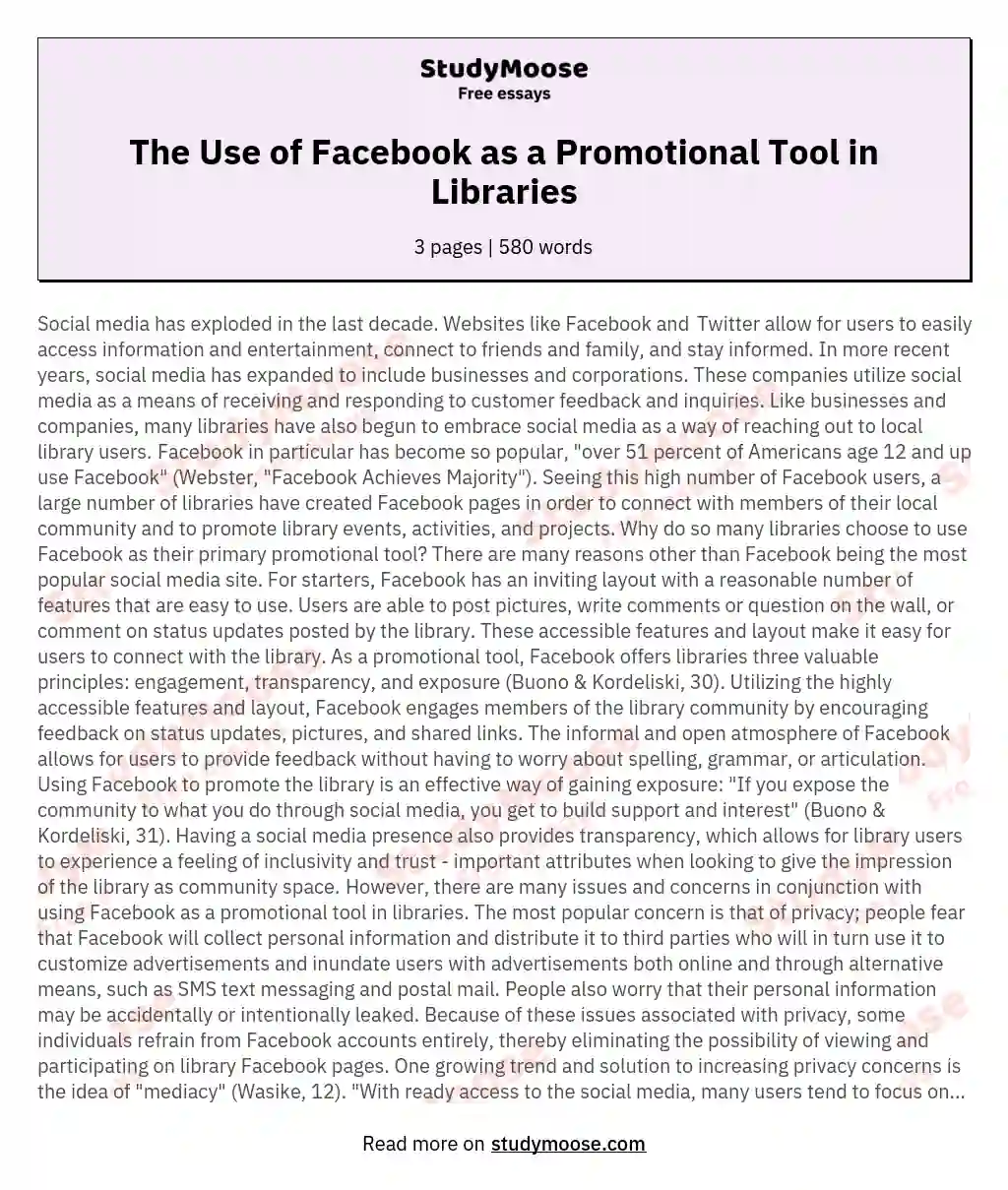 The Use of Facebook as a Promotional Tool in Libraries essay