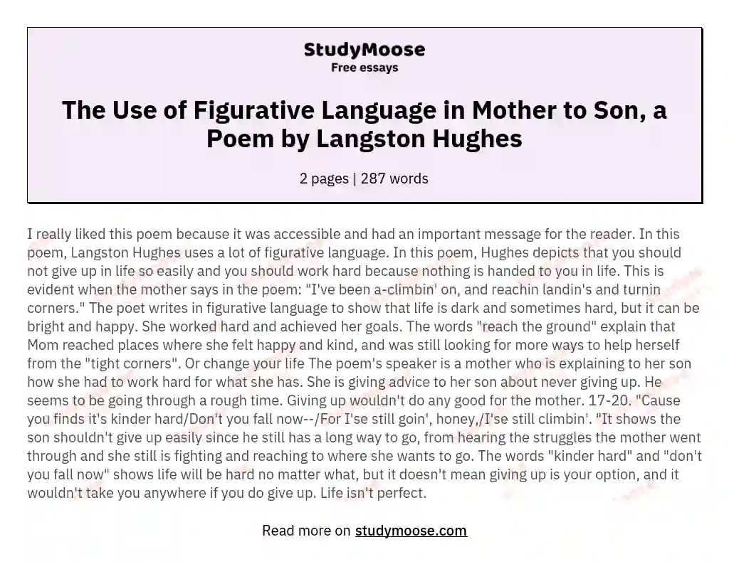 The Use of Figurative Language in Mother to Son, a Poem by Langston Hughes essay
